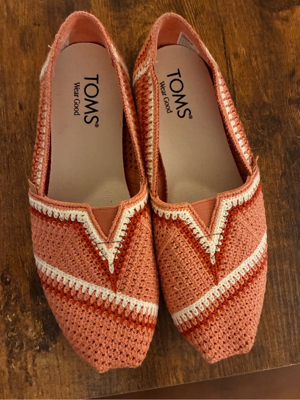 TOMS Crochet Slip-On Flats in Coral, Rust & Cream